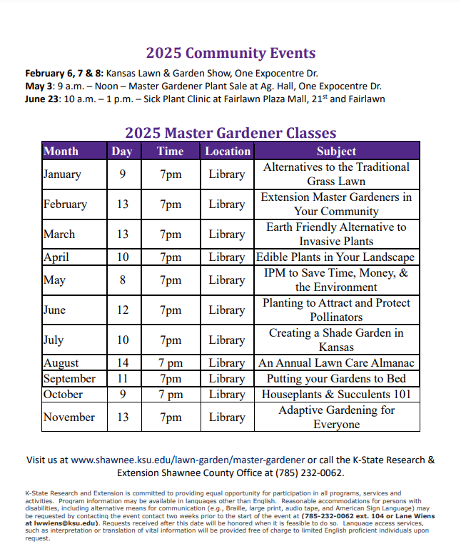 Schedule of presentation at the Topeka-Shawnee County Public Library